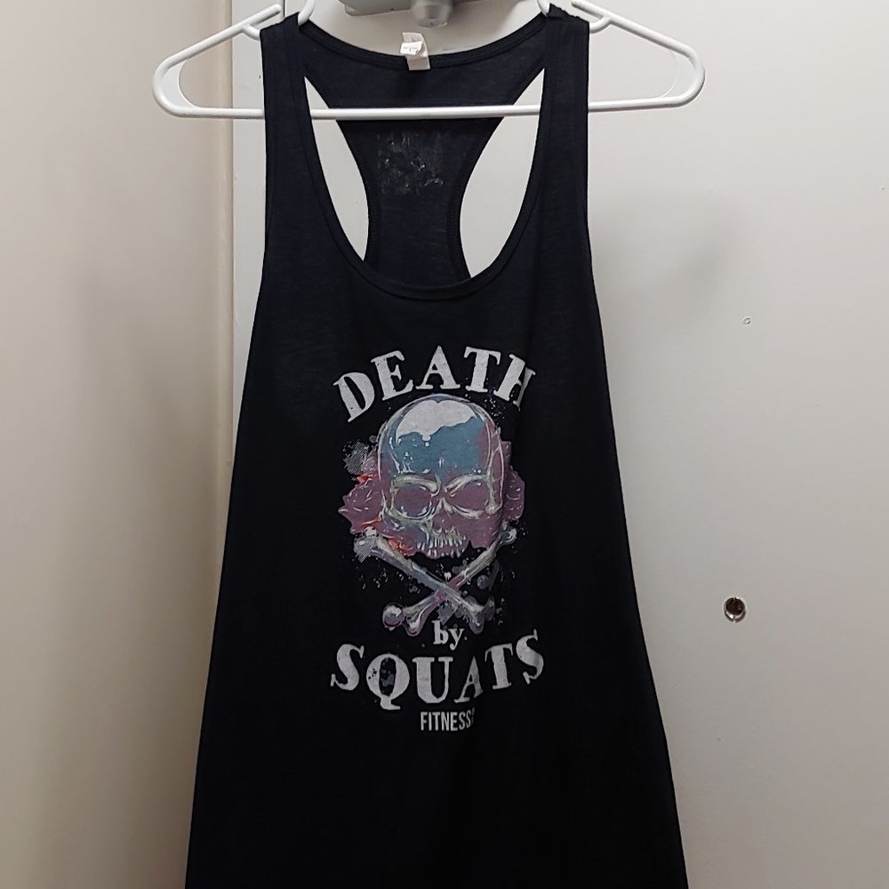 GENTLY USED, DEATH BY SQUATS TANK TOP, LARGE!!!